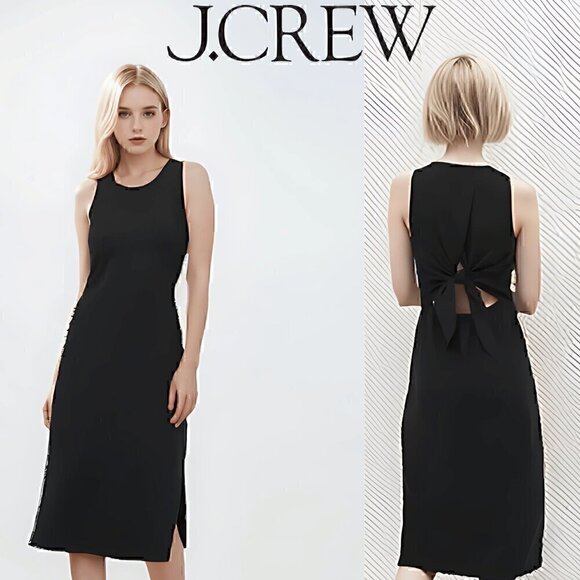 77.🆕XXS J .Crew Black Sleeveless Round Neck Tie-Back Knit Midi Sheath Dress NWT - Picture 1 of 6